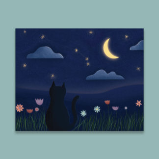 Cat in a Field of Flowers at Night Print